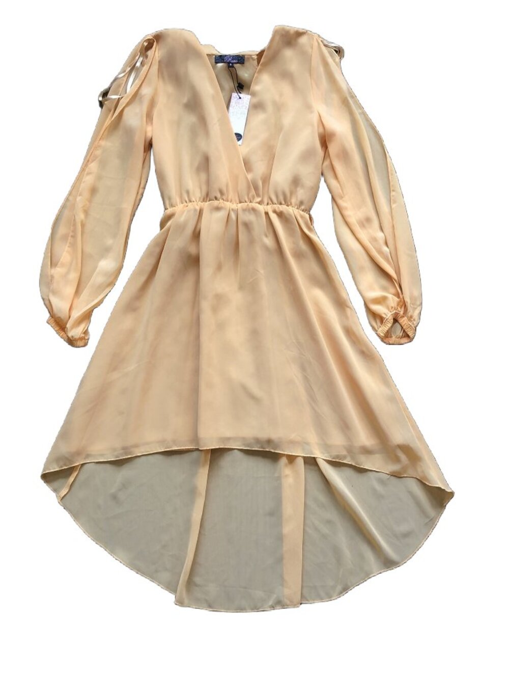 Rare Peach Boho Mesh Flowy Longsleeve High Low Dress